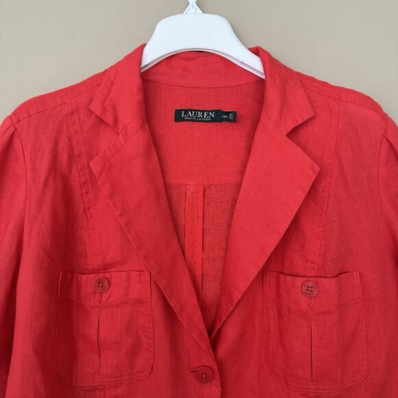 Lauren Ralph Lauren 100% Linen Red Jacket Blazer Women 16 Button Old Money - Picture 3 of 8